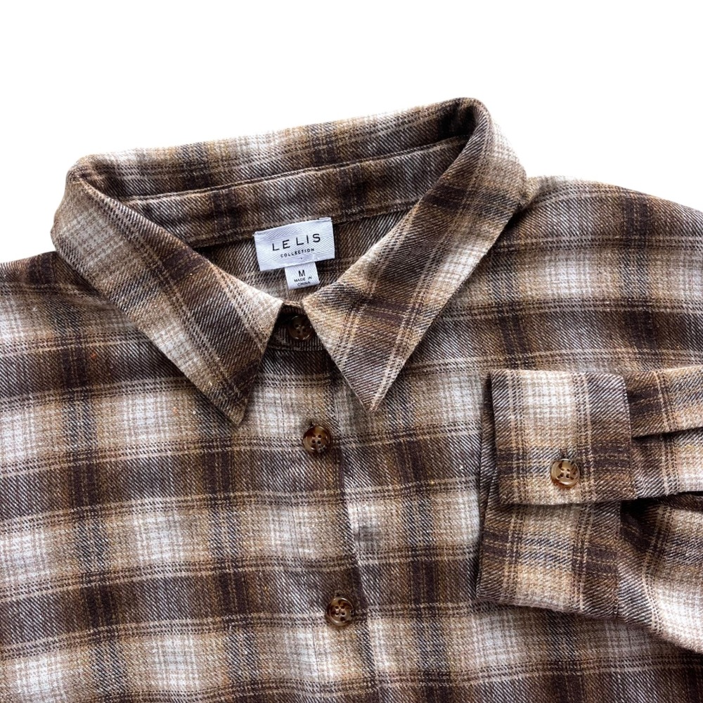 Le Lis Collection Women's M Brown Tan Plaid Crop Flannel Button Down Boho Rustic
